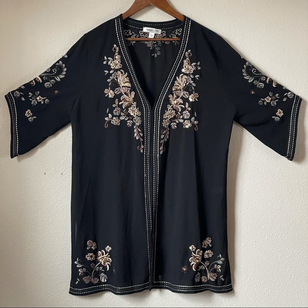 Coldwater Creek Black Kimono Cardigan Cover up with Embroidered Sequin D…